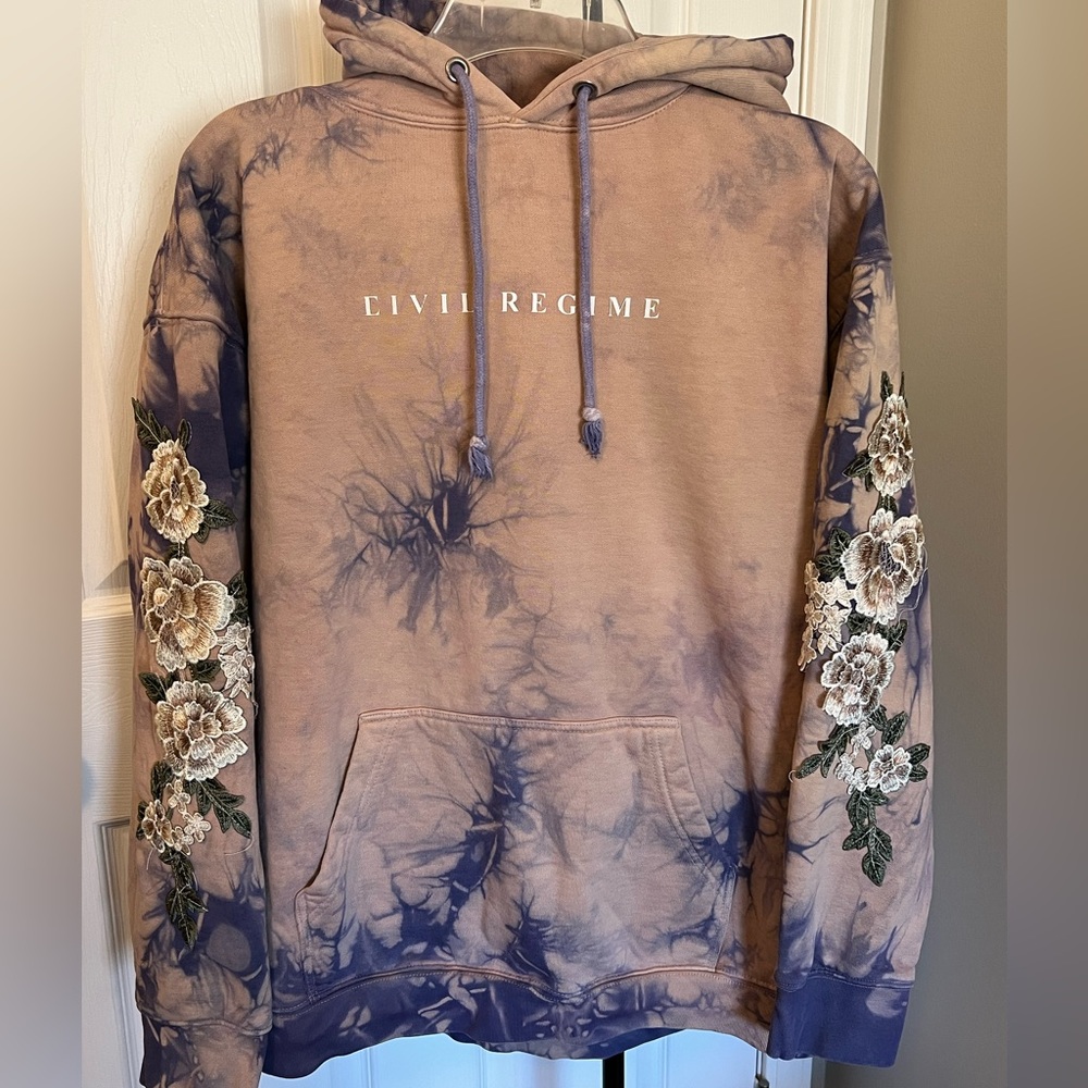 Civil Regime Tie-Dye Hoodie with Floral Embroidery Tan Pink Purple Size Large